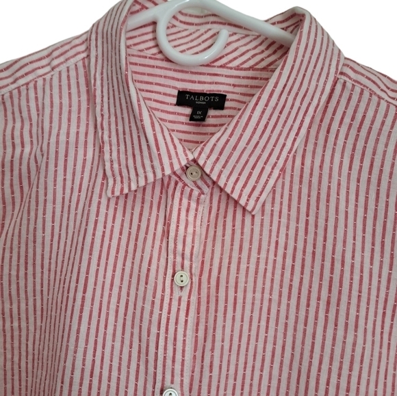 TALBOTS WOMAN 1X linen blouse shirt top red pinstripe darts long sleeve plus sz - Picture 4 of 7
